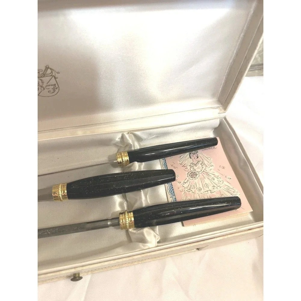 Vintage Bridal Shower Gift Serving Utensil Set Black Handles Gold Accent NICE!